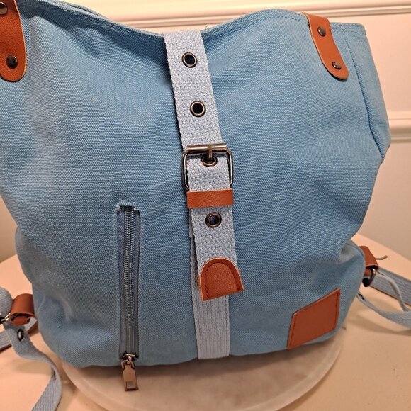 Light Blue Denim Backpack with Camel PU Trim, 2 Sections, Pockets, EUC main image 13